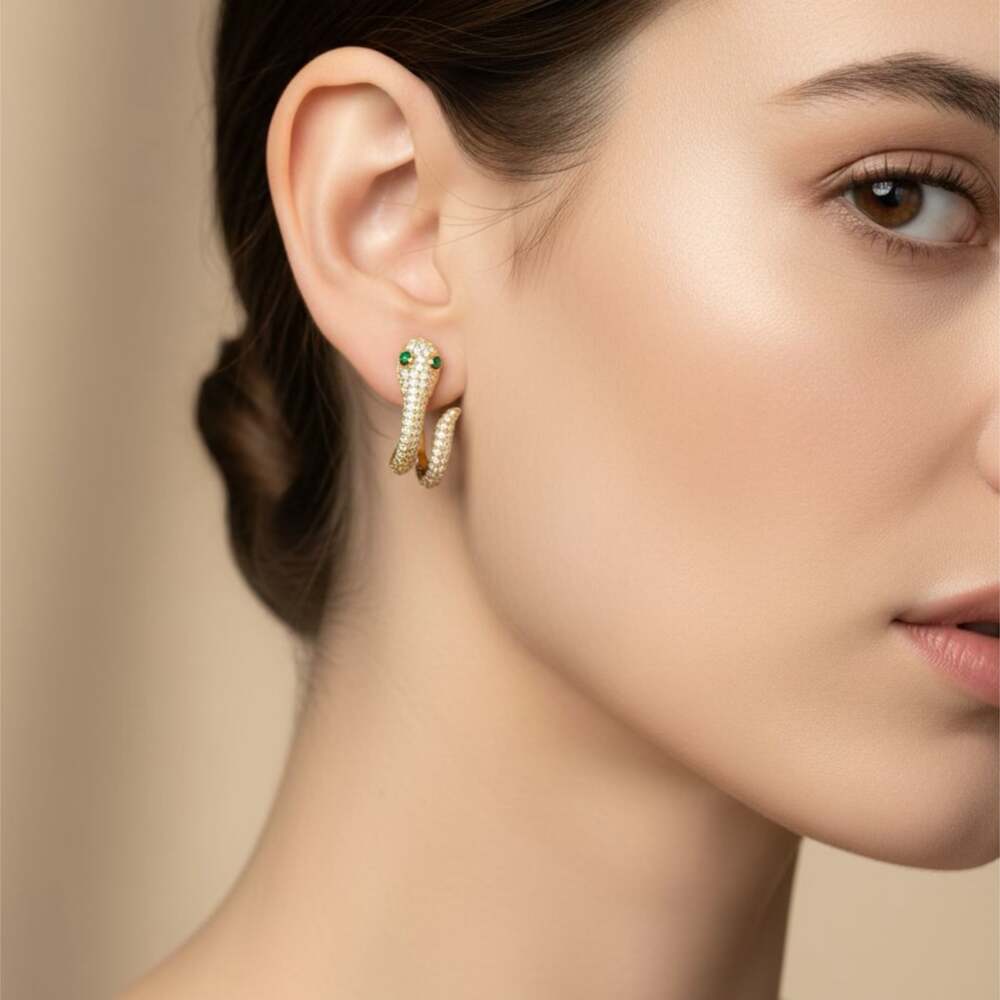 Luxx Urban Gold Pave CZ Snake Hoop Earrings with Green Eyes